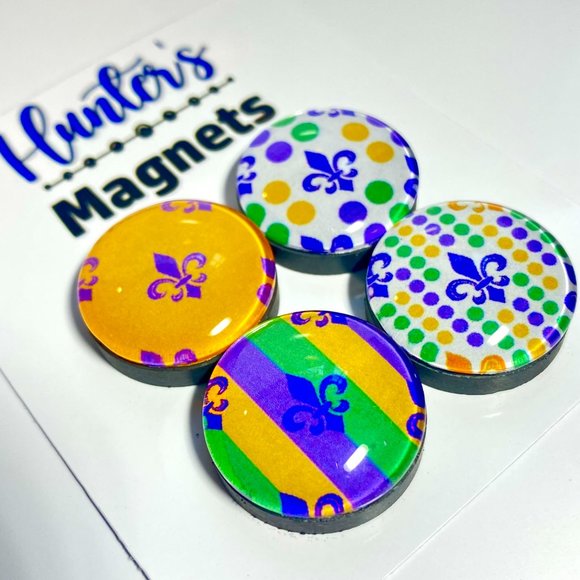 Set of 4 Magnets Mardi Gras Fleur de lys Glass Refrigerator Kitchen Whiteboard - Picture 2 of 3